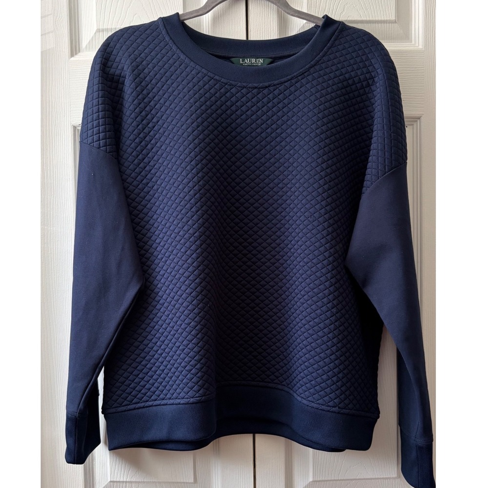 Lauren Ralph Lauren Womens Navy Blue Quilted Crewneck Sweatshirt Size Large